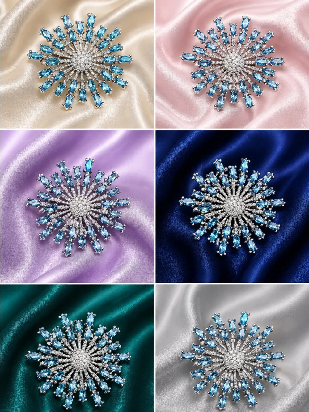 Silver Blue Crystal Starburst Brooch